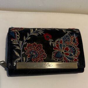 Patricia Nash Deep Navy Floral Embroidered Wallet with Silver Bar Accent